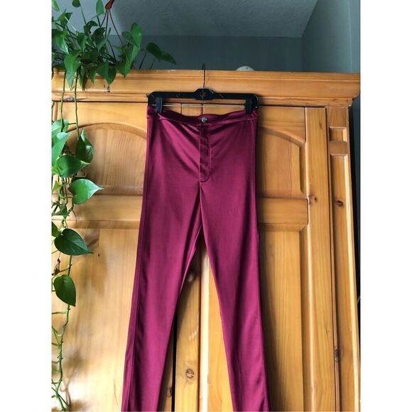 H&M GLOSSY SLIM-FIT PANTS-High Waist -Burgundy SZ M - Picture 2 of 12